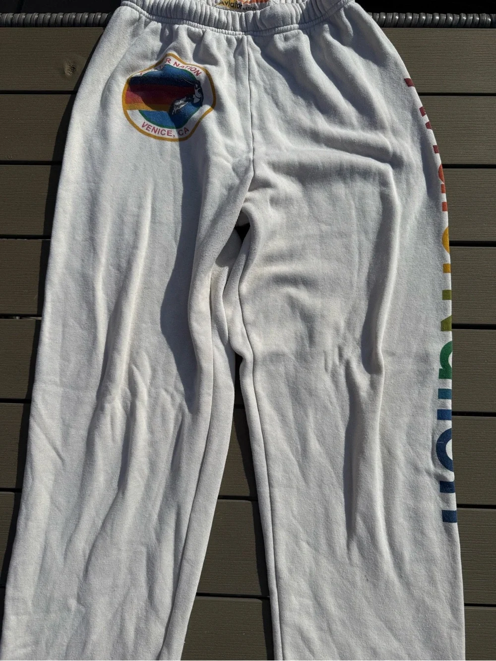 Aviator Nation White Track Joggers with Rainbow Logo - Picture 1 of 2